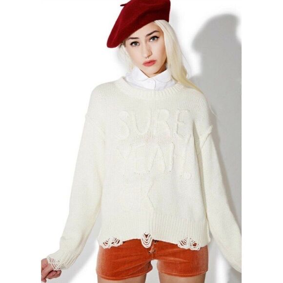 NWT WILDFOX Sz M SURE YEAH OK DISTRESSED PULLOVER SWEATER IN LATTE CREAM IVORY - Picture 2 of 12